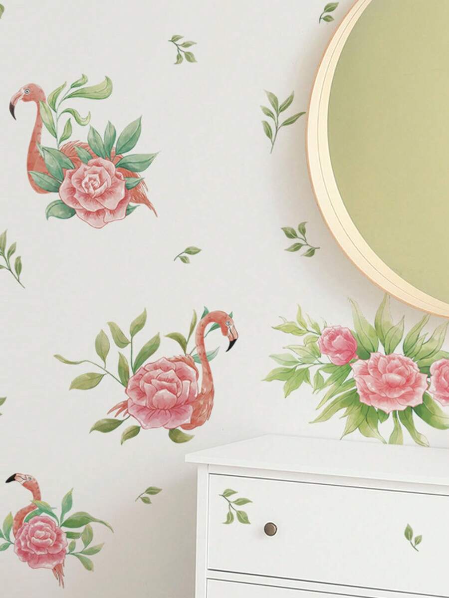 mama look 2pcs Green Plant Leaves, Flowers, Flamingo Themed Waterproof Self-adhesive Wall Sticker For Bedroom, Living Room Decoration - Pink - View 1