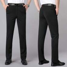 Pantalones de traje de seda de hielo para hombre, sin planchar, antiarrugas, pantalones de vestir elásticos para empresas. - Negro - Ver 4