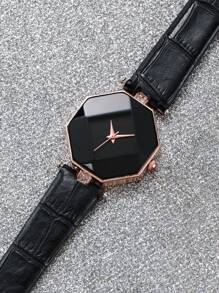 Ladies Belt, Fashionable And Simple Polygonal Dial Quartz Watch + Love Jewelry Set (5pcs/Set) As A Gift For Students Returning To School - Black - View 6