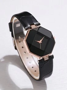 Ladies Belt, Fashionable And Simple Polygonal Dial Quartz Watch + Love Jewelry Set (5pcs/Set) As A Gift For Students Returning To School - Black - View 5
