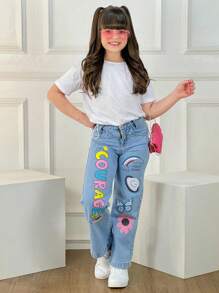 Calça Jeans Wide Leg Estampada Pantalona Infantil Juvenil Promoção - Lavagem Média - Visão 4