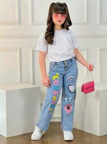 Calça Jeans Wide Leg Estampada Pantalona Infantil Juvenil Promoção - Lavagem Média - Visão 6