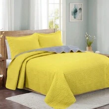 簡約風格聚酯纖維被套3件學院風高級寢具套裝奢華高端 - 黃色 - 查看 1