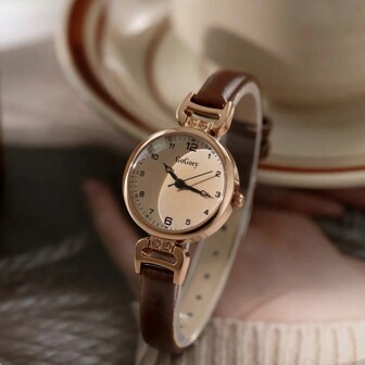 New Fashionable Simple Style Elegant Leather Strap Ladies Quartz Wristwatch With Vintage Numerals, 1pc