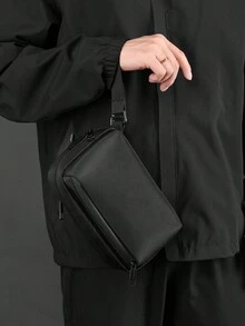 1個黑色男士聚酯纖維胸包腰包,簡單時尚的拉鍊設計,方便旅行,約會和學校的腰包斜背包運動背包適用於商務禮品,丈夫爸爸情人節禮物男士 - 黑色 - 查看 2