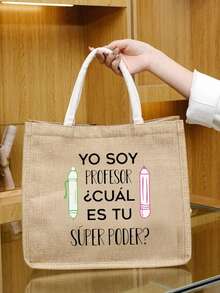 'Yo Soy Profesor' Cual Es Tu Superpoder Spanish Print Fashionable Cute Letter Pattern Storage Bag, Christmas Storage Bag, Linen Tote Bag, Hand Shopping Bag, Tote Bag, Lightweight Foldable Storage Bag, Simple Shopping Bag, Tote Bag, rThanksgiving Storage Bag, Thanksgiving Gifts For Friends And Besties, Gifts For Mothers, Suitable For Personal Travel Cosmetics, Shopping Bags, Large-Capacity Storage - Khaki - View 3
