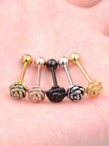 2入組珍奇雕花玫瑰花紋直桿舌環,歐美用鈦鋼和不鏽鋼製成耳釘,適用於女性和男性身體穿孔首飾 - 玫瑰花舌釘 - 查看 6