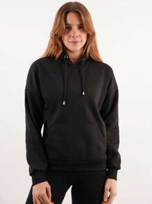 Women's Hoodie Sweatshirt Closed Hood Front Bag Cotton Fabric Fashionable Colors 2023 Sizes - 黑色 - 查看 1