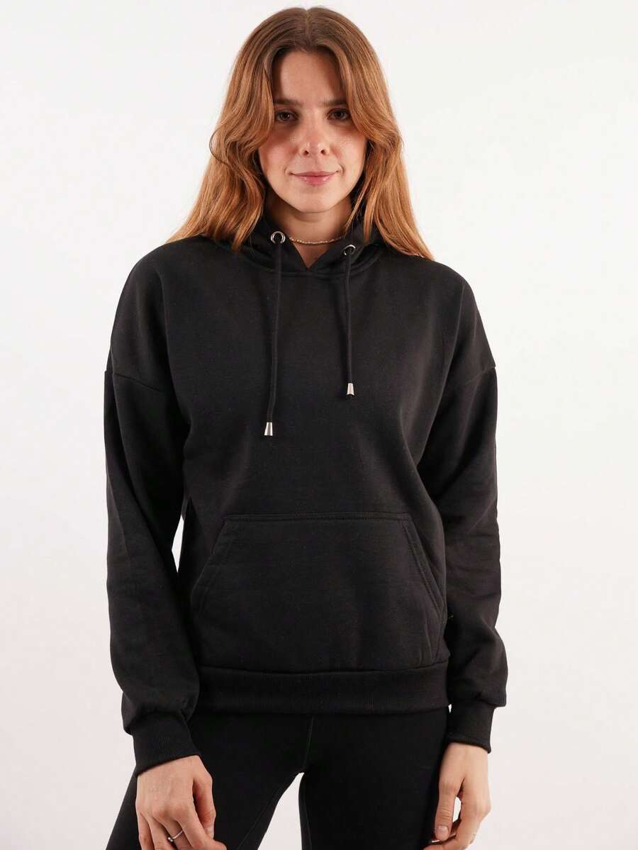 Women's Hoodie Sweatshirt Closed Hood Front Bag Cotton Fabric Fashionable Colors 2023 Sizes - 黑色 - 查看 1