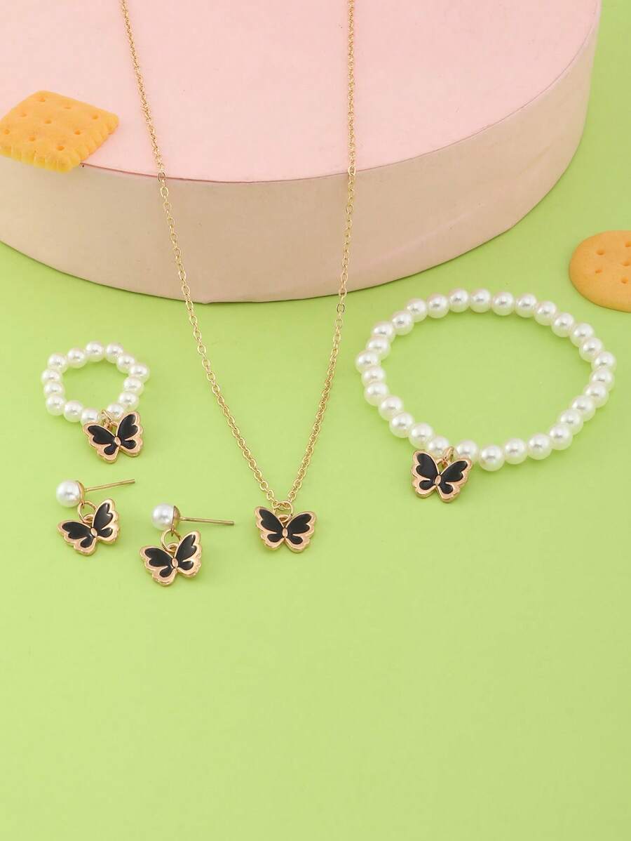 5pcs/set Butterfly Rhinestone Necklace, Bracelet, Earrings, Ring, Set For Girls