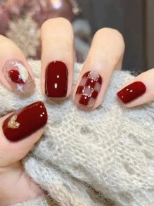 24入組短方形極簡風格印花假指甲套裝，含1支指甲文件和1支果凍膠壓縮假指甲，美甲用品 - 彩色 - 查看 1