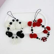 1pc Cute & Versatile Plush Ball & Beaded Cellphone Strap For Women'S Daily Wear In Autumn/Winter - Black and White - View 2