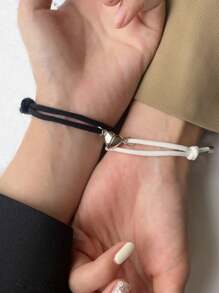2 件/套簡單心形設計情侶磁性手鍊套裝,送給女士約會或度假的絕佳禮物 - 黑與白 - 查看 3
