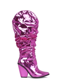 Women's  Metallic Mid Block Heel Booties - Single Pointy Toe Metallic/Holo Western High Heel For Special Events - 粉色 - 查看 2