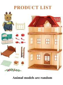 Stomle Family 兒童三層娃娃屋,附有臥室和廚房模型和1隻動物模型(隨機款式),帶有娃娃屋家具套裝、生日禮物,顏色/款式隨機,盒裝易在運輸過程中損壞 - 杏色 - 查看 3