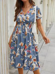 Vestidos frescos,Faldas,Vestidos,Conjuntos de mujer,Vestido Largo Dama Moda Casual Elegante,Vestido Largo con Cuello en V para Mujer, Mangas Estampado Floral, Estilo Bohemio, Casual para Fiesta Playa,Neblina azul/Azul Marino/Rojo/Amarillo/Blanco/Rosa - Neblina azul - Ver 3