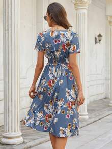 Vestidos frescos,Faldas,Vestidos,Conjuntos de mujer,Vestido Largo Dama Moda Casual Elegante,Vestido Largo con Cuello en V para Mujer, Mangas Estampado Floral, Estilo Bohemio, Casual para Fiesta Playa,Neblina azul/Azul Marino/Rojo/Amarillo/Blanco/Rosa - Neblina azul - Ver 2