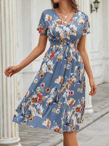 Vestidos frescos,Faldas,Vestidos,Conjuntos de mujer,Vestido Largo Dama Moda Casual Elegante,Vestido Largo con Cuello en V para Mujer, Mangas Estampado Floral, Estilo Bohemio, Casual para Fiesta Playa,Neblina azul/Azul Marino/Rojo/Amarillo/Blanco/Rosa - Neblina azul - Ver 6