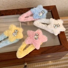 1pc Colorful Rhinestone Plush Star Hair Clip For Autumn And Winter - Pink - View 4