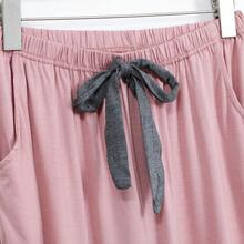 女士modal對比色睡衣套裝,韓版v領長袖t恤和寬鬆長褲,適用於家居和戶外 - 藕粉色 - 查看 6