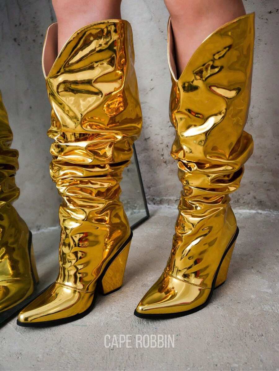 Women's  Metallic Mid Block Heel Booties - Single Pointy Toe Metallic/Holo Western High Heel For Special Events - Vàng - Xem 1