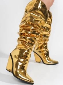 Women's  Metallic Mid Block Heel Booties - Single Pointy Toe Metallic/Holo Western High Heel For Special Events - Vàng - Xem 3