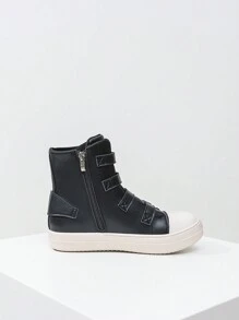 Alan Vincent 新款女款高筒平底休閒運動鞋,歐美風街頭運動鞋,金屬扣環細節和拉鍊設計,適用於戶外 - 黑色 - 查看 5