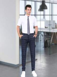Pantalones Skinny De Gabardina Traje Recortados Casuales Hombres Pantalones de cuadros con bolsillo oblicuo - Azul Marino - Ver 7