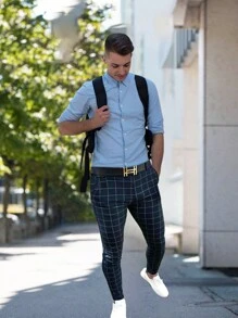 Pantalones Skinny De Gabardina Traje Recortados Casuales Hombres Pantalones de cuadros con bolsillo oblicuo - Azul Marino - Ver 4
