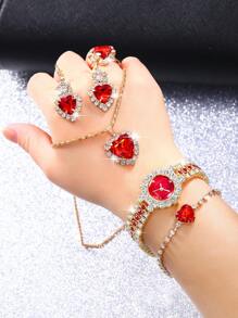 6Pcs/Set Ladies Watch Women's Fashionable Green Full Rhinestone Set Quartz Watch And Necklace Earings Bracelet Rings Set Accessory Set Suitable For Daily Wear, Back-To-School Season, Graduation Season, Thanksgiving, Couples, The Best Gifts