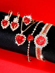 6Pcs/Set Ladies Watch Women's Fashionable Green Full Rhinestone Set Quartz Watch And Necklace Earings Bracelet Rings Set Accessory Set Suitable For Daily Wear, Back-To-School Season, Graduation Season, Thanksgiving, Couples, The Best Gifts