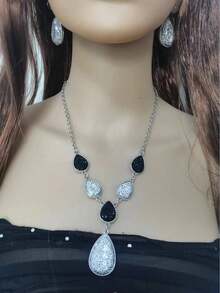 3入組耳環和項鍊,優雅的雞蛋花水珠,時尚奢華的仿寶石珠寶套裝,黑色珠寶,適用於酷女孩派對裝飾 - Y形項鍊套裝 - 查看 1