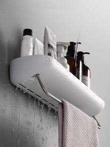 1入組浴室收納盒,壁架無需鑽孔,輕鬆安裝洗手間收納架-無需鑽孔,帶毛巾架的浴室架,洗頭水牆架,易排水耐腐蝕,簡約人體工學淋浴收納盒