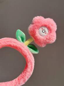 1pc Cute Flower Headband For Women, Red, Plush Hairband, Slip-resistant Hairpin, Face Washing Hairholder - Pink - View 4