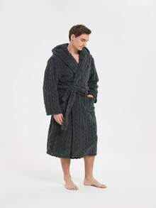 1 Áo choàng tắm trùm đầu bằng vải nỉ san hô ấm áp cho cặp đôi mùa đông - Màu xám đen - Xem 4