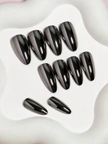 VV MEI JIA ER 24 piezas de uñas artificiales de almendra media en negro cromado y brillantes de magia gótica con polvo de uñas holográfico, brillo de espejo de sirena de hielo neón de perlas y 1 hoja de cinta y 1 lima de uñas. Suministros de uñas uñas falsas uña falsa uña acrílica