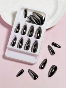 VV MEI JIA ER 24 piezas de uñas artificiales de almendra media en negro cromado y brillantes de magia gótica con polvo de uñas holográfico, brillo de espejo de sirena de hielo neón de perlas y 1 hoja de cinta y 1 lima de uñas. Suministros de uñas uñas falsas uña falsa uña acrílica