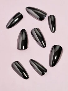 VV MEI JIA ER 24 piezas de uñas artificiales de almendra media en negro cromado y brillantes de magia gótica con polvo de uñas holográfico, brillo de espejo de sirena de hielo neón de perlas y 1 hoja de cinta y 1 lima de uñas. Suministros de uñas uñas falsas uña falsa uña acrílica