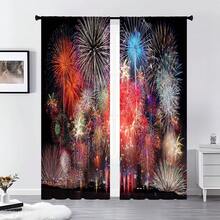 2入組多色新年煙火元素印花綢緞帶袋窗簾,適用於家居裝飾-卧室、辦公室、廚房、客廳和書房 - 彩色 - 查看 1