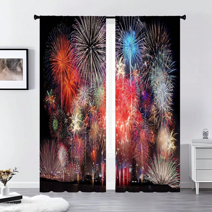2入組多色新年煙火元素印花綢緞帶袋窗簾,適用於家居裝飾-卧室、辦公室、廚房、客廳和書房 - 彩色 - 查看 1