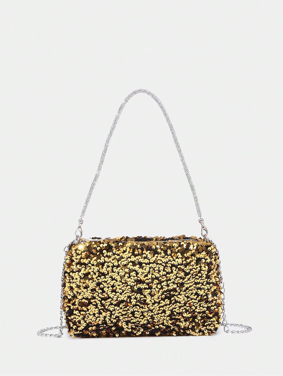 1 件闪亮亮片和水钻装饰迷你单肩斜挎包，非常适合晚会 - 金色 - 查看 1