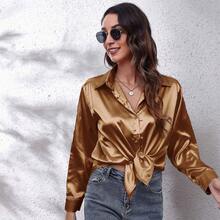 Blusa Satinada Manga Larga Mujer Moda Elegante Tela Suave - Marrón - Ver 4