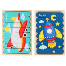 Creative Wooden Jigsaw Puzzle, Children's Early Education Cartoon Animal Story Traffic Fruits Double-sided Puzzle Board Educational Toy