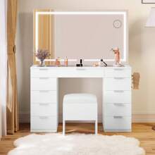Vanity Desk Set With Large LED Lighted Mirror & Power Outlet, Glass Top Vanity With 11 Drawers And Magnifying Glass, 46'' Large Makeup Vanity With Storage Bench, White Vanity For Bedroom - White - View 4