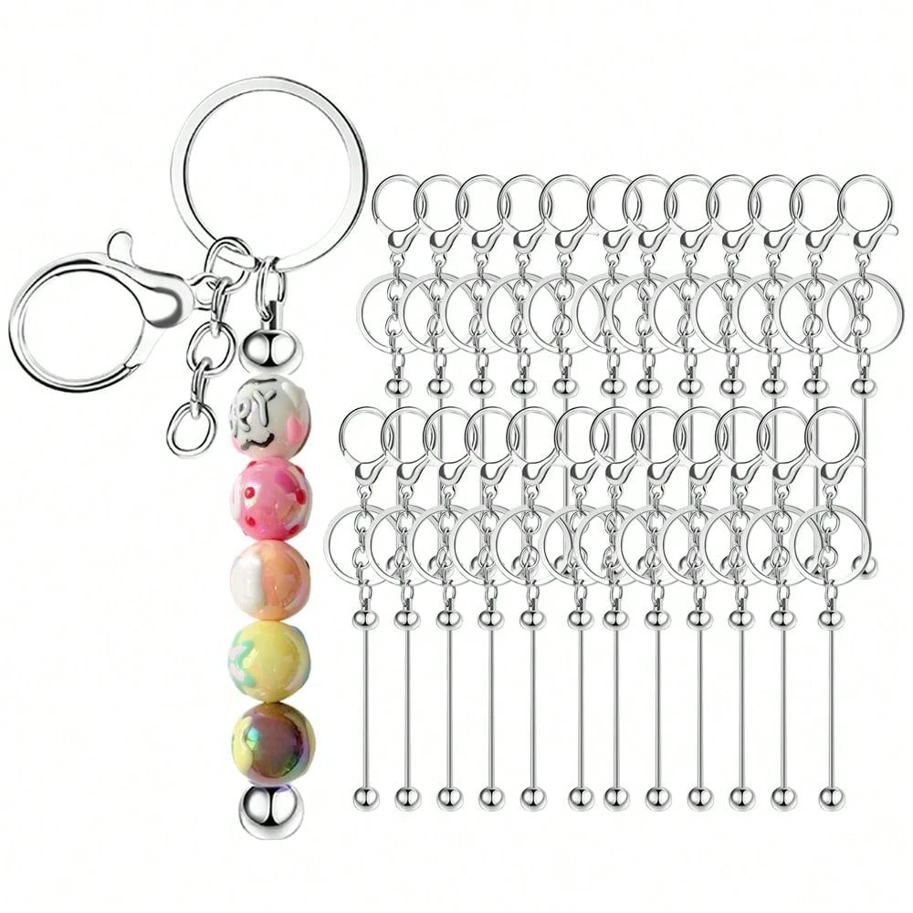 24pcs/Set Beaded Keychain Blank Metal Keyring For Diy Jewelry Making