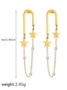 1對流行的流蘇珍珠鍊和星型吊墜耳環,適合女士外出或約會時佩戴 - 金黃色 - 查看 6