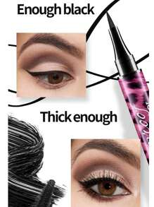 YANQINA 豹紋 4D 絲纖維睫毛膏捲曲翹曲睫毛膏和眼線筆套裝持久眼睫毛化妝新款長卷翹睫毛新款 - 黑色 - 查看 7