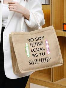 'Yo Soy Profesor' Cual Es Tu Superpoder Spanish Print Fashionable Cute Letter Pattern Storage Bag, Christmas Storage Bag, Linen Tote Bag, Hand Shopping Bag, Tote Bag, Lightweight Foldable Storage Bag, Simple Shopping Bag, Tote Bag, rThanksgiving Storage Bag, Thanksgiving Gifts For Friends And Besties, Gifts For Mothers, Suitable For Personal Travel Cosmetics, Shopping Bags, Large-Capacity Storage - Khaki - View 2