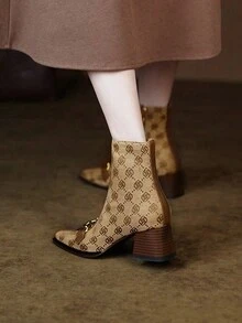 Của phụ nữ Quảng trường Vintage Sau đó Dày Gót chân Giày bốt ngắn Với Duy nhất Khối màu Thiết kế In Mùa thu Và Mùa Đông - màu nâu - Xem 2