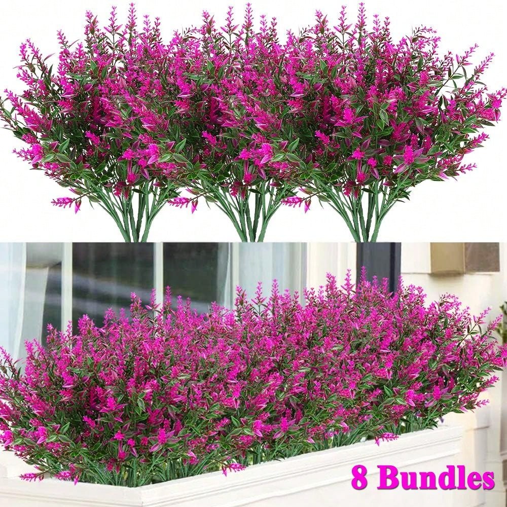 8 Bundles Artificial Lavender Fake Flowers UV Resistant Shrubs Faux ...